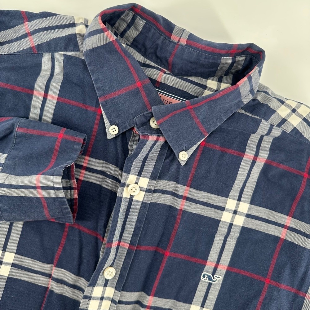 Vineyard Vines Whale Men's Medium Blue Plaid 100% Cotton Button Down LS Shirt